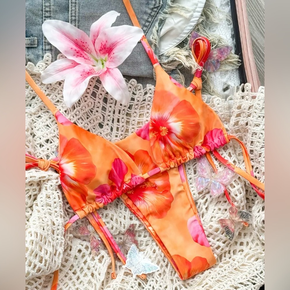 Orange Pink Floral Halter Side Tie Bikini Set - Picture 3 of 7